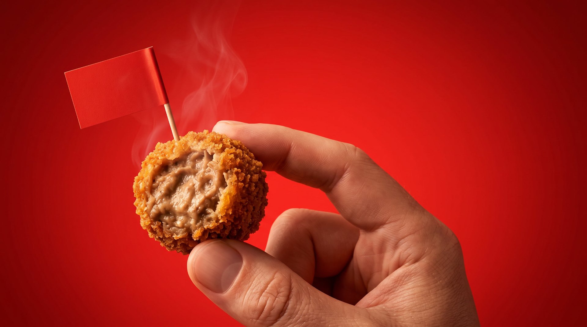 SNX hybride bitterbal met zichtbare ragout en rood SNX-vlaggetje op SNX-rode achtergrond