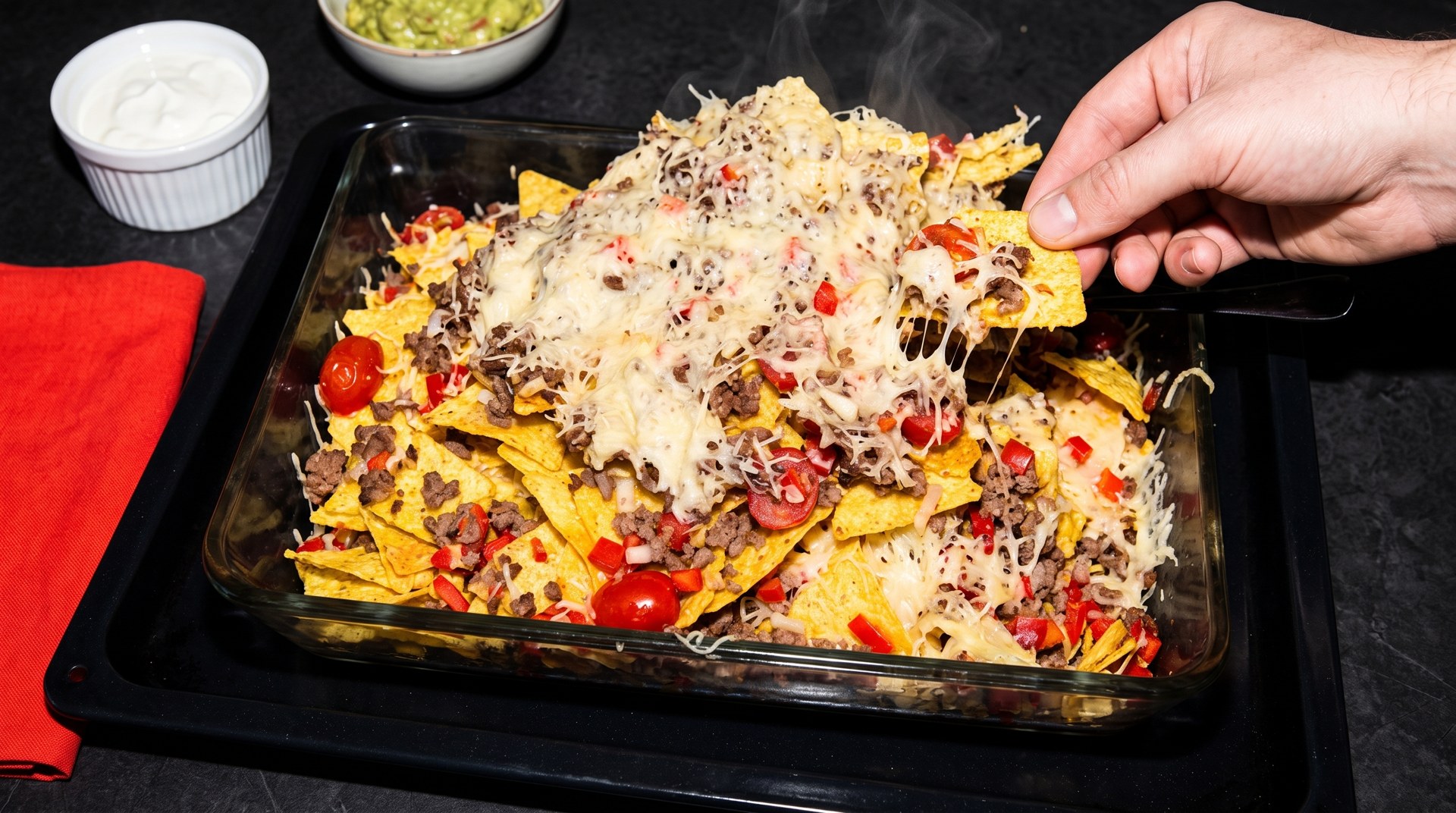 Ovenschaal nacho's met SNX-gehakt, gesmolten kaas, paprika en cherrytomaatjes, met zure room en guacamole