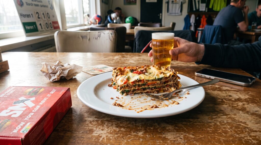 Lasagne met SNX hybride gehakt in een sportkantine, met SNX verpakking